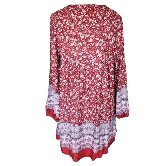 Boho Dress Long Sleeve Pullover Bohemian Pattern String Neck Burgundy Red - Picture 2 of 4